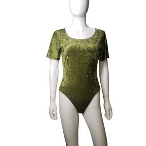 HAPPY LEGS Olive Green Short Sleeve Velour BodySuit Womens Size Small NEW